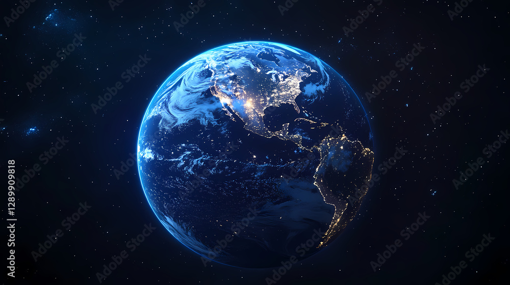 Naklejka premium Earth night view with glowing blue planet