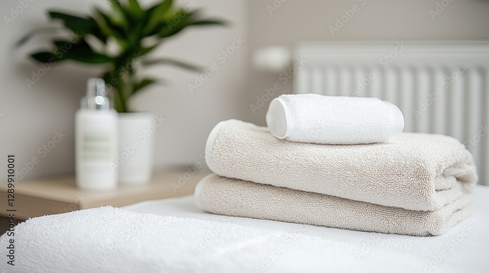 Stacked towels on a bed in a spa-like room Stacked towels on a bed in a spa-like room