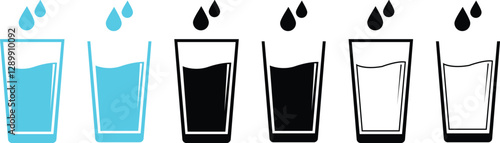 Water glass with water drop icon set. Drinks glass symbols isolated on transparent background. Pure, mineral water glass solid vector icons for cold drink. Signs, logo illustration.