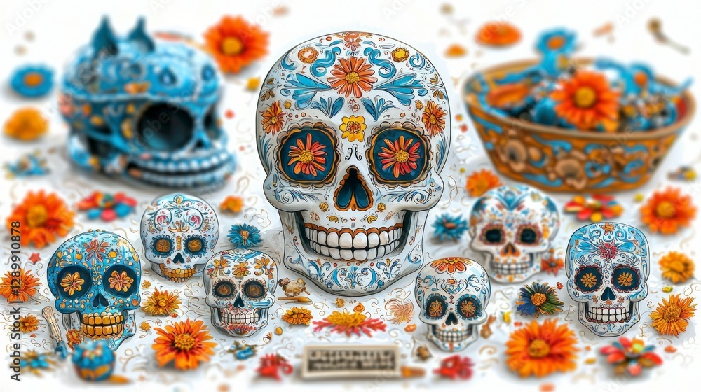 Fototapeta premium Dia de Muertos Sugar Skulls Colorful Mexican Holiday Art