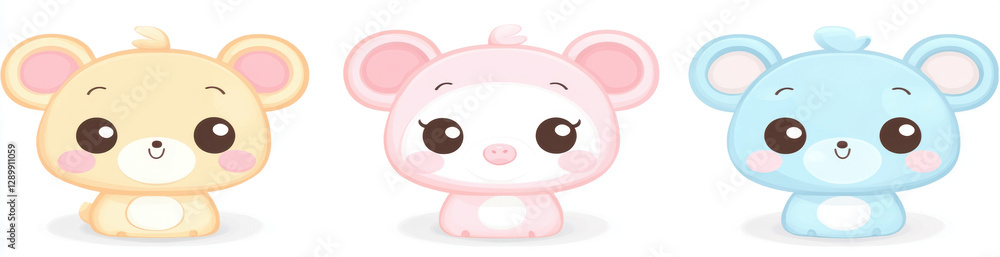Cute cartoon animal characters in pastel colors, featuring yellow bear, pink pig, and blue bear, all with big eyes and cheerful expressions Cute cartoon animal characters in pastel colors, featuring yellow bear, pink pig, and blue bear, all with big eyes and cheerful expressions