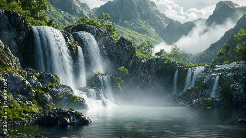 A serene landscape featuring cascading waterfalls surrounded by lush mountains and mist. A serene landscape featuring cascading waterfalls surrounded by lush mountains and mist.