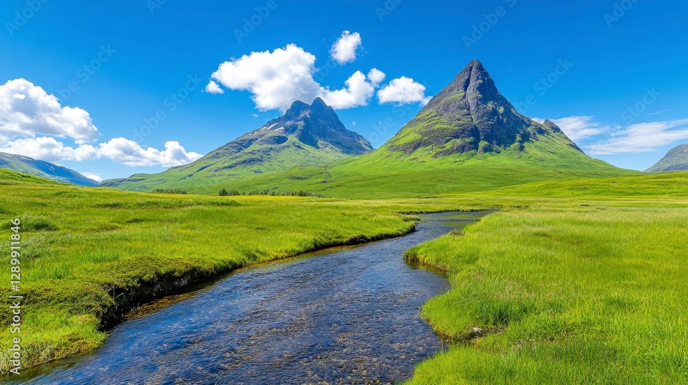Majestic Mountain Landscape with Clear Stream and Blue Sky Majestic Mountain Landscape with Clear Stream and Blue Sky