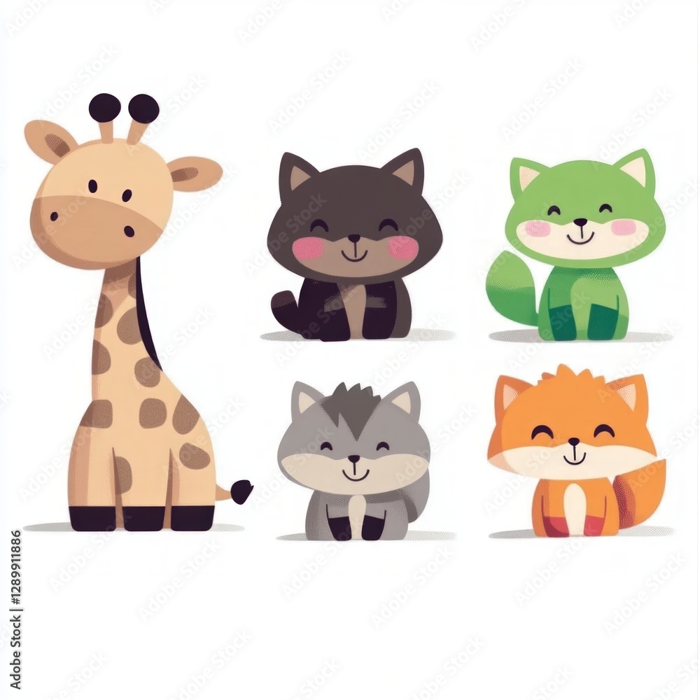 Obraz premium Adorable Giraffe Cats and Foxes Illustration Cartoon Animals Kids Cute Friendly Hap