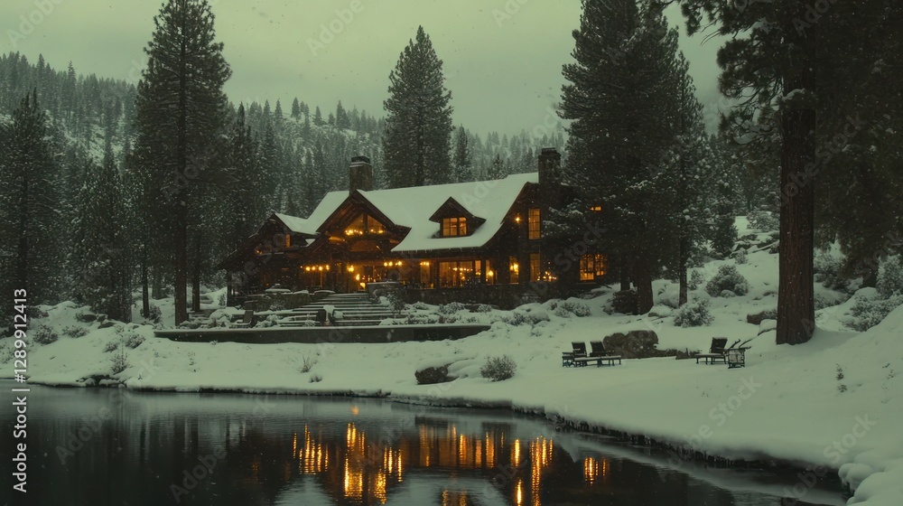 Fototapeta premium Snowy Lakeside Lodge: A Winter Wonderland Escape