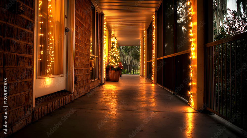 Fototapeta premium Warm Glowing String Lights on Brick Porch at Night