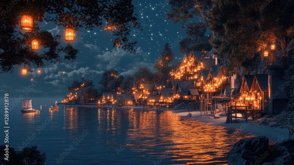 Fototapeta premium Night scene; illuminated coastal village; water; sailboat; lanterns.