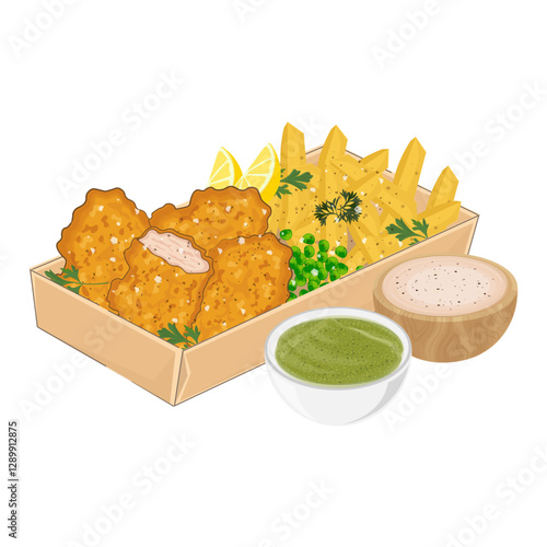 Vector Illustration Logo Clipart Fast Food Fish and Chips with Tartar Sauce and Mushy Peas