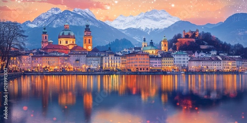 Wallpaper Mural Cityscape reflecting in water under snowy mountains and starry sky Torontodigital.ca