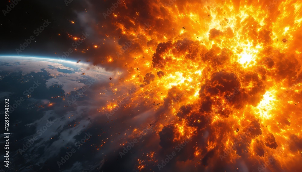 Obraz premium A massive asteroid explodes upon impact with Earth creating a fiery and dramatic scene Perfect for illustrating disaster movies or science fiction projects.