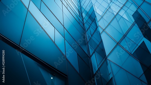Wallpaper Mural Looking Up at Modern Glass Building Facade with Blue Tone Torontodigital.ca
