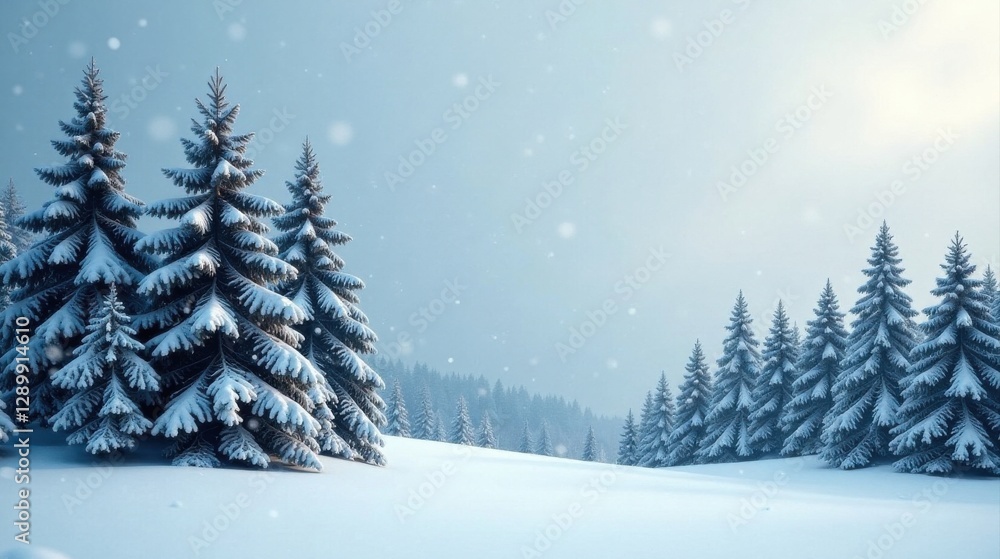 Fototapeta premium Serene Winter Wonderland Snow-Covered Evergreen Trees on a Gently Rolling Hill Under a Light Snowfall