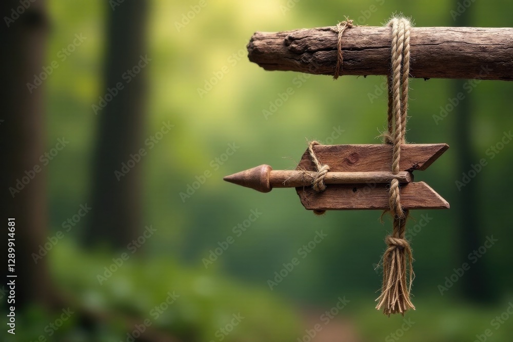Rustic Wooden Arrow Sign Hanging from a Branch in a Verdant Forest Rustic Wooden Arrow Sign Hanging from a Branch in a Verdant Forest