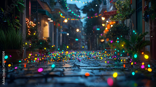 Wallpaper Mural Colorful Glowing Lights on Rainy Cobblestone City Street at Night Torontodigital.ca