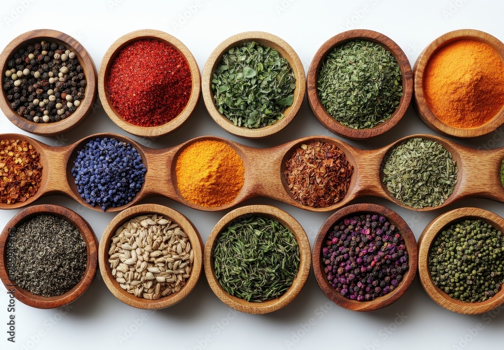 A Vibrant Array of Spices and Herbs Displayed in Wooden Bowls on a White Surface Showcasing Culinary Diversity and Flavorful Ingredients A Vibrant Array of Spices and Herbs Displayed in Wooden Bowls on a White Surface Showcasing Culinary Diversity and Flavorful Ingredients