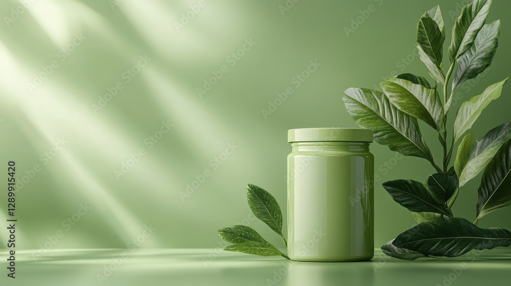 Bottle of green liquid placed beside a leafy plant on a wooden surface in a bright and airy environment Bottle of green liquid placed beside a leafy plant on a wooden surface in a bright and airy environment