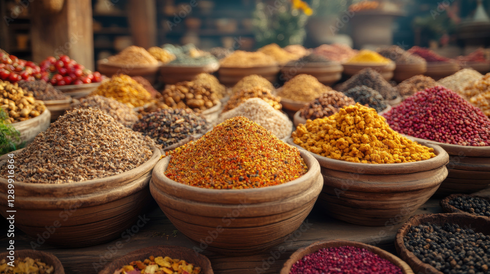 A vibrant spice market in Istanbul, Turkey, filled with colorful spices, herbs, dried fruits, and nuts, showcasing the rich culinary traditions and healthy ingredients of the region A vibrant spice market in Istanbul, Turkey, filled with colorful spices, herbs, dried fruits, and nuts, showcasing the rich culinary traditions and healthy ingredients of the region