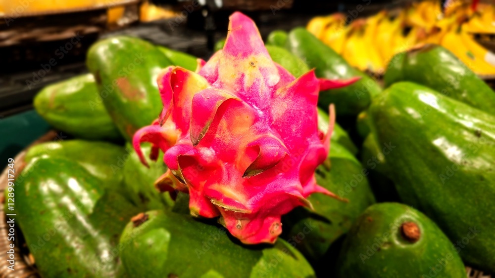 Dragon fruit, pitaya or strawberry pear display at supermarket. Dragon fruit with green avocado blurry background. Dragon fruit, pitaya or strawberry pear display at supermarket. Dragon fruit with green avocado blurry background.