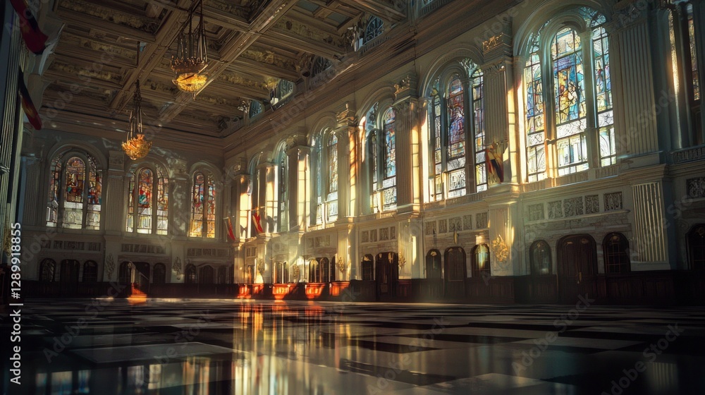 Fototapeta premium Majestic Hall Stained Glass Intricate Carvings Grand Architecture Sunlit Interior