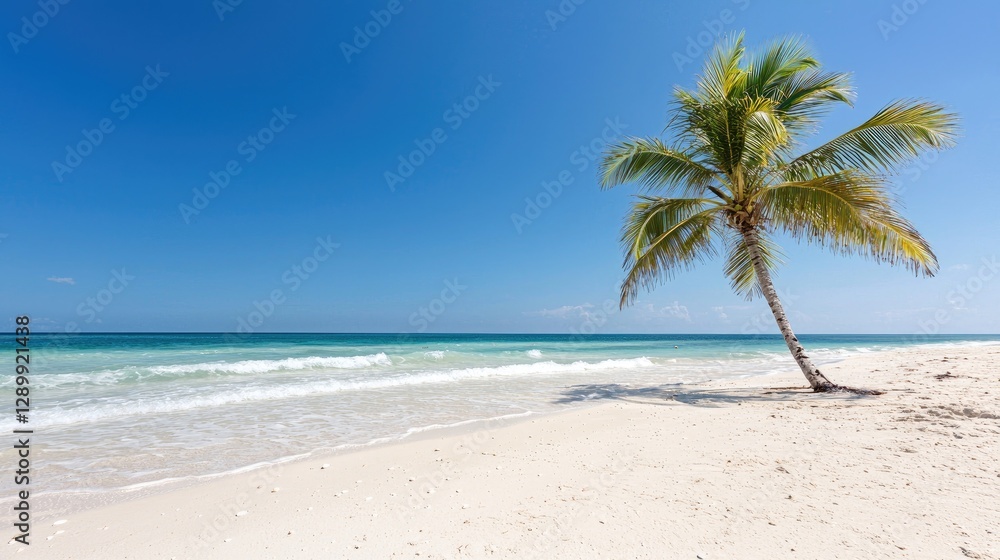 Tropical beach scene with single palm tree. Tranquil coastline. Vacation getaway Tropical beach scene with single palm tree. Tranquil coastline. Vacation getaway