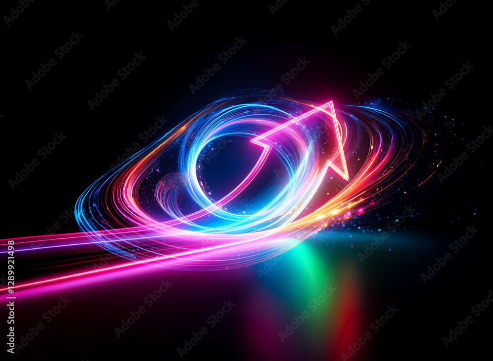 Vibrant neon arrow with light trails creates a dynamic double exposure effect against a dark background. Futuristic and energetic design with glowing, colorful light streams. Vibrant neon arrow with light trails creates a dynamic double exposure effect against a dark background. Futuristic and energetic design with glowing, colorful light streams.