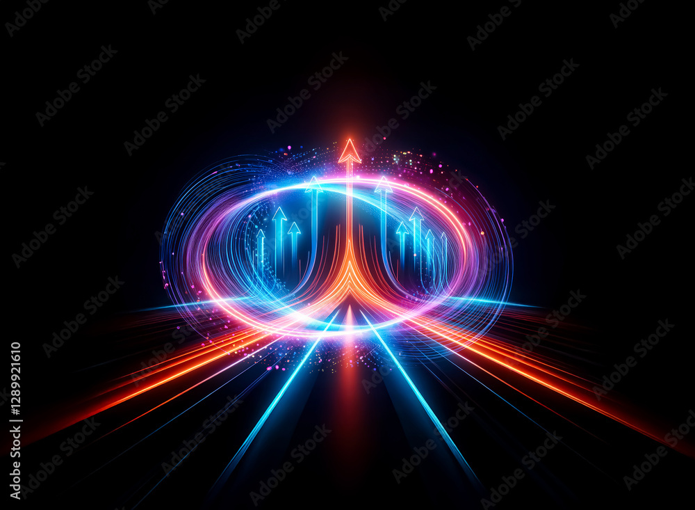 Obraz premium Vibrant abstract image featuring glowing blue and orange lines with a double exposure effect. Dynamic light trails create a sense of motion and energy against a dark backdrop.