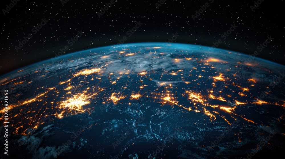 Obraz premium A digital Earth with real-time trade connections and financial hubs illuminated in blue.