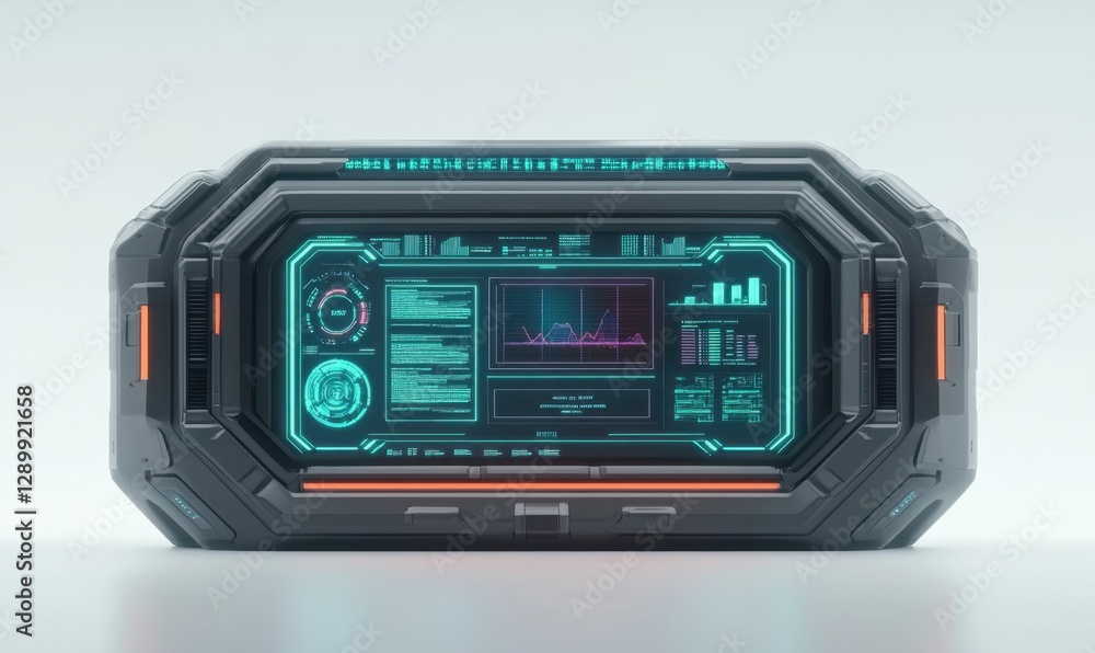Futuristic control panel displaying data analytics in a sleek, modern environment Futuristic control panel displaying data analytics in a sleek, modern environment