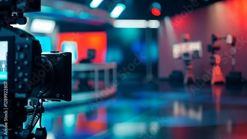 Captivating studio setting with vibrant lights and professional equipment during a live broadcast