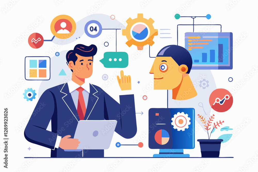 An illustration of a business professional interacting with an AI-powered system. The scene includes digital elements such as data charts, gears, and speech bubbles, representing artificial intelligen An illustration of a business professional interacting with an AI-powered system. The scene includes digital elements such as data charts, gears, and speech bubbles, representing artificial intelligen