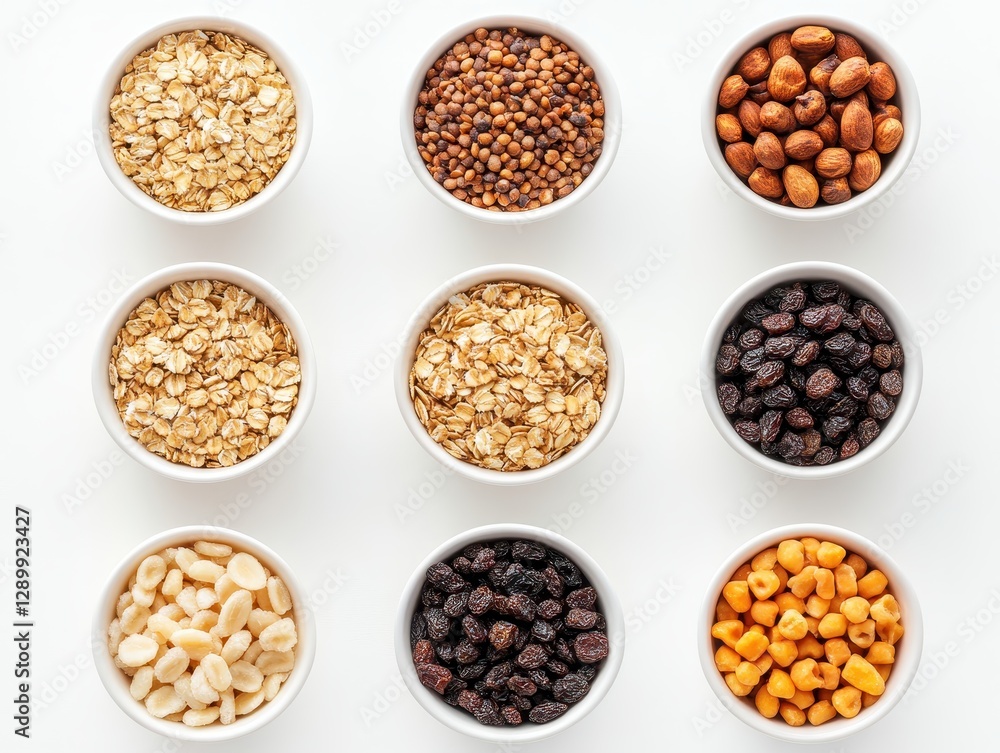 Assorted Natural Ingredients in Bowls Featuring Oats, Nuts, Seeds, and Dried Fruits for Healthy Recipes and Culinary Inspiration Assorted Natural Ingredients in Bowls Featuring Oats, Nuts, Seeds, and Dried Fruits for Healthy Recipes and Culinary Inspiration