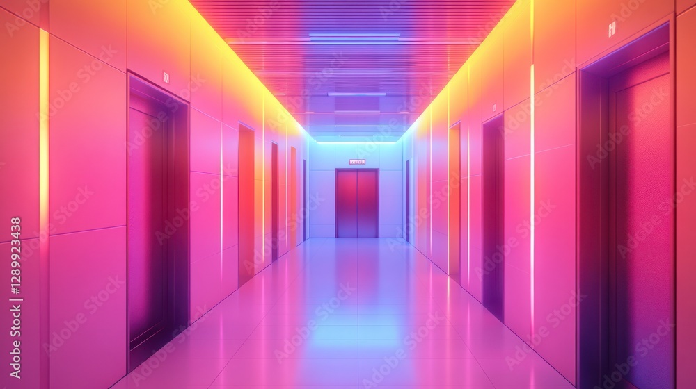 Neon-lit elevator hallway, vibrant city office