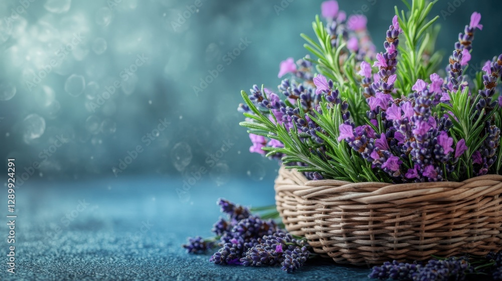 Fototapeta premium Basket filled with fresh lavender flowers arranged for decoration and fragrance
