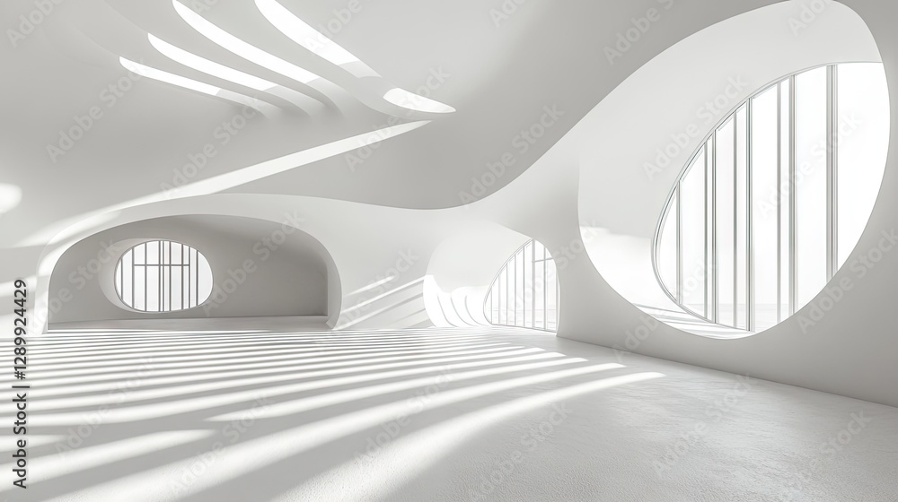 Obraz premium Modern white building interior, sunlight streams through large circular windows, open space, architectural design, perfect for background