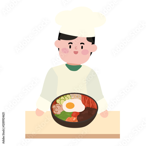 조리복을 입고 비비밥을 완성한 요리사 사람 남성