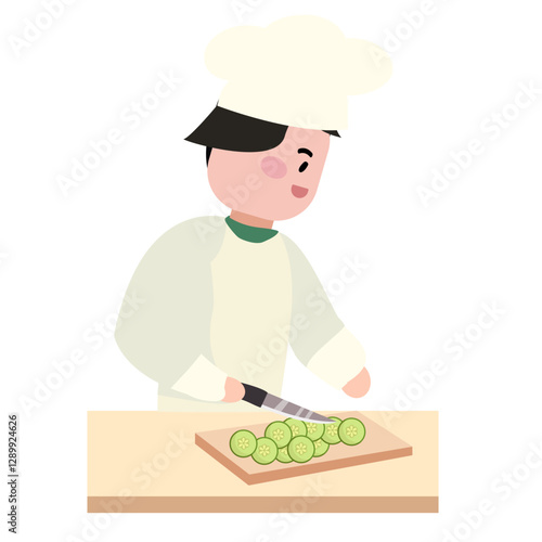 조리복을 입고 오이를 썰고있는 있는 요리사 사람 남성