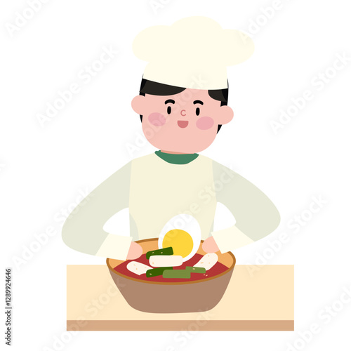 조리복을 입고 비빔밥을 완성한 요리사 사람 남성