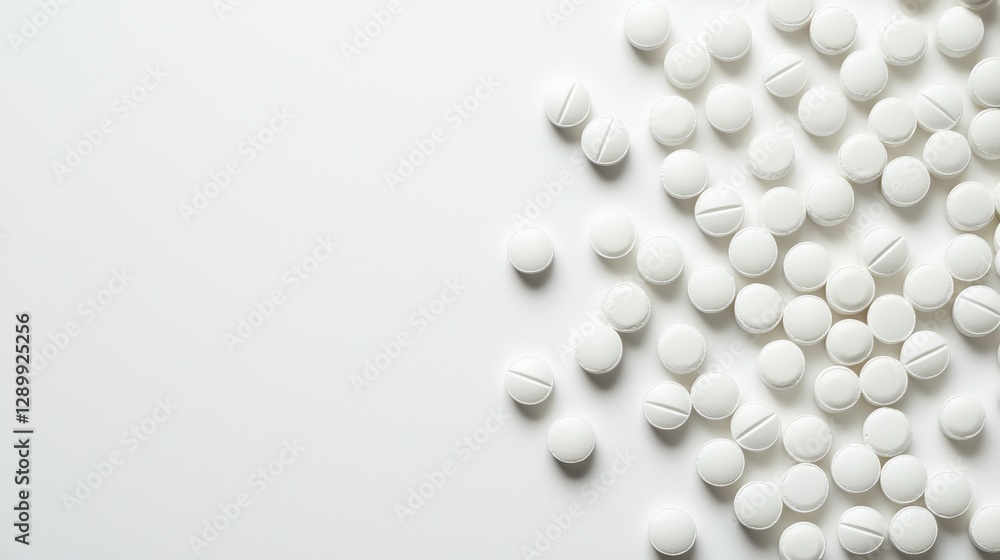 A pile of white pills scattered on a white background for medical and pharmaceutical concepts A pile of white pills scattered on a white background for medical and pharmaceutical concepts