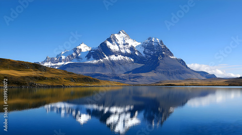 Snowcapped Mountain Peaks Reflected in a Calm Blue Lake