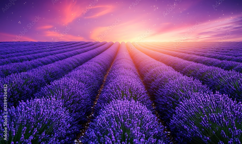 Obraz premium Vibrant lavender fields at sunset, showcasing rows of purple flowers under a colorful sky.