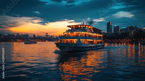 A romantic dinner cruise with city lights reflecting on the water, elegant and peaceful
