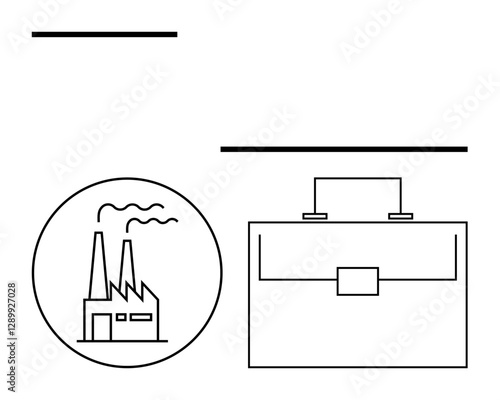 Factory within a circle emitting smoke adjacent clean-line briefcase. Ideal for industrialization, business concepts, sustainability, strategy, innovation, industry growth, abstract line flat