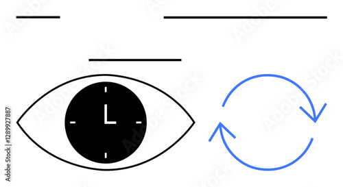 Eye featuring a clock at its center, surrounded by minimal lines and a circular arrow. Ideal for productivity, time management, focus, vision, renewal, cycles, abstract line flat metaphor