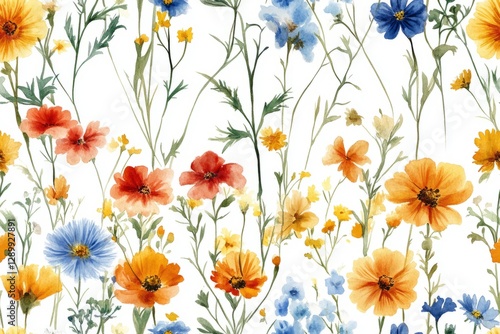 A watercolor meadow of colorful blooms.- Seamless Pattern - Seamless Pattern