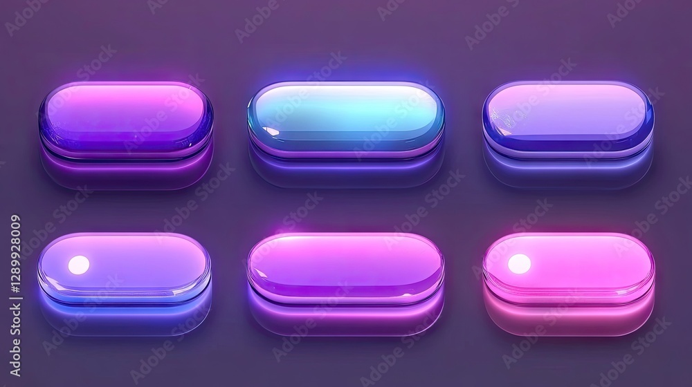 Glowing neon buttons, interface design, digital elements, purple background, web design Glowing neon buttons, interface design, digital elements, purple background, web design