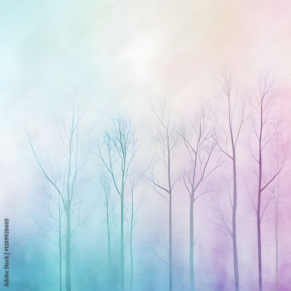 Obraz premium serene abstract background featuring tall, bare trees against soft, pastel gradient. ethereal colors create calming atmosphere, perfect for nature inspired designs