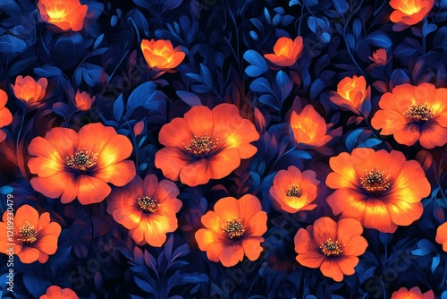 Wallpaper Mural A rich floral scene featuring radiant orange flowers with visible stamen, contrasted against dark blue leaves. A seamless and captivating pattern. Torontodigital.ca