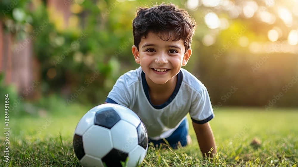 Joyful Kickoff: A young boy radiates pure delight, his eyes twinkling with excitement as he gazes at the camera while crawling towards a soccer ball on a sunny, grassy lawn. Joyful Kickoff: A young boy radiates pure delight, his eyes twinkling with excitement as he gazes at the camera while crawling towards a soccer ball on a sunny, grassy lawn.