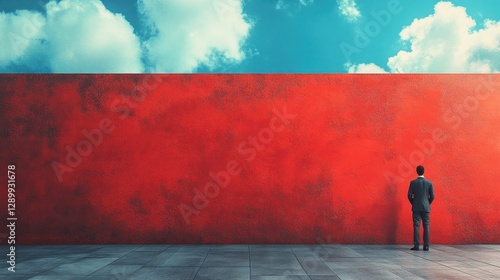 Man standing in front of a red wall with hands in pockets and looking straight ahead