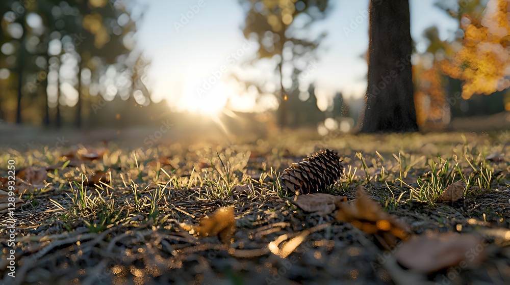 Obraz premium Close Up of Pine Cone on Grassy Ground at Sunrise